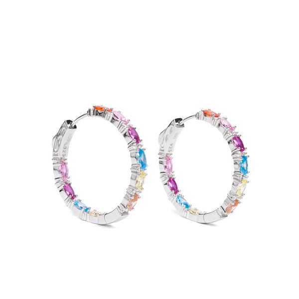 Silver Hoop Earrings with Large Multicolor Stones Design