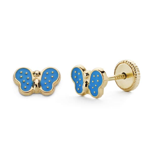 Boucles d'oreilles papillon en or jaune 18 carats et émail bleu. 7X5mm