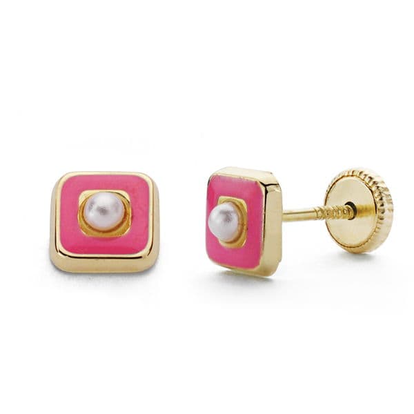 18K Yellow Gold Earrings Pink Enamel Pearls 5 mm