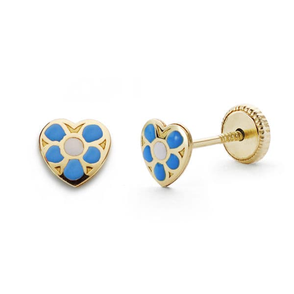 Boucles d'oreilles coeur bleu en or jaune 18 carats. 5X5mm