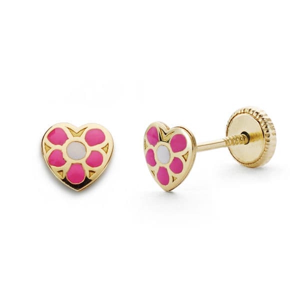 18K Yellow Gold Earrings Pink Heart 5X5 mm