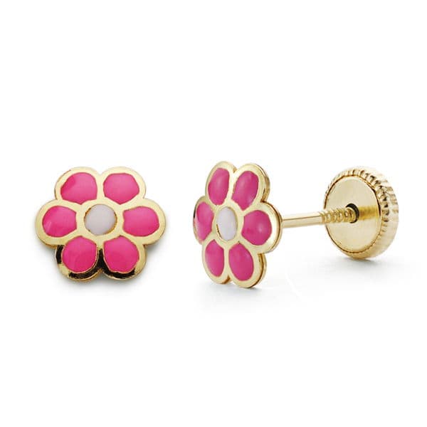 18K Yellow Gold Pink Daisy Earrings 6X6 mm