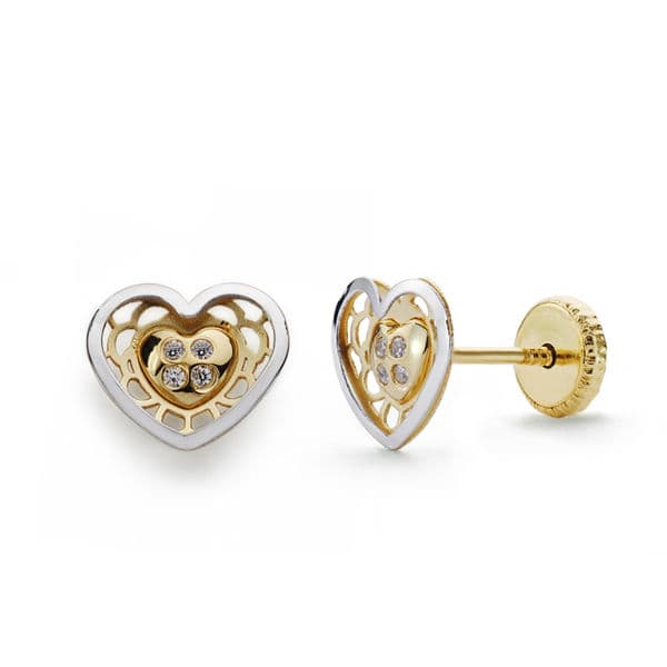 18K Bicolor Gold Earrings Heart Zirconia 6X7 mm