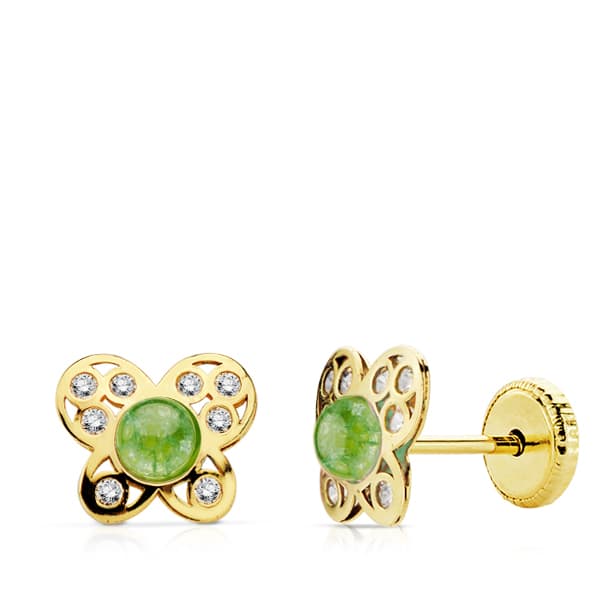 Boucles d'oreilles à vis en or jaune 18 carats avec pierre verte et zircone papillon