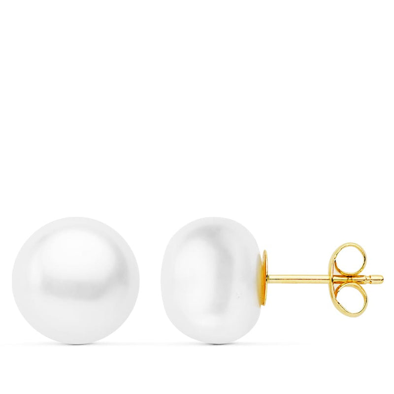 18K Yellow Gold Button Pearl Earrings 9-9.5 mm Push Back