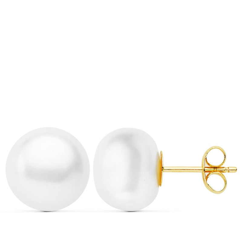 18K Yellow Gold Button Pearl Earrings 10-10.5 mm Push Back