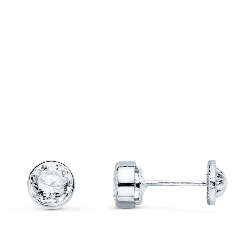 18K White Gold Round Muzzle Earrings With Zirconia 5 mm Screw Closure