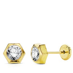 18K Yellow Gold Hexagon Zirconia Earrings 6 mm