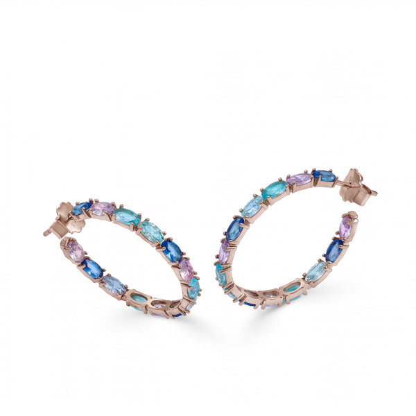 Earrings with colored stones in shades of blue and pink