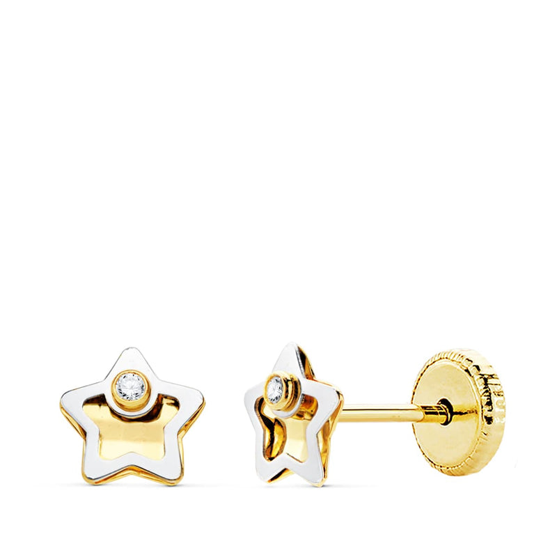 18K Two-tone Gold Star Zirconia Earrings 5X5 mm