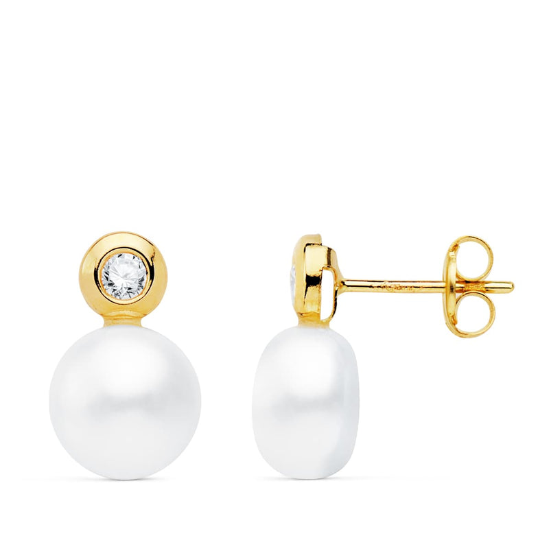 18K Yellow Gold Pearl and Chaton Earrings. 13x8 mm Pressure Closure