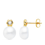 18K Yellow Gold Earrings Pearl and Flower 12x8 mm Pressure Closure