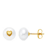 18K Yellow Gold Earrings Button Pearl 7.5 mm and Pressure Heart