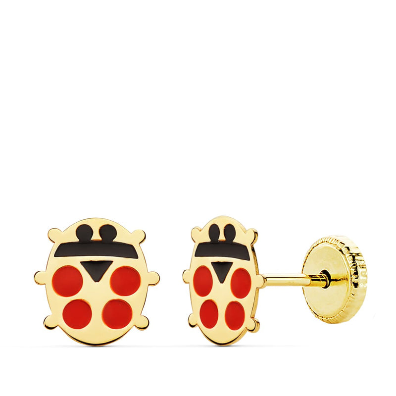 18K Yellow Gold Enamel Ladybug Earrings 8X8 mm