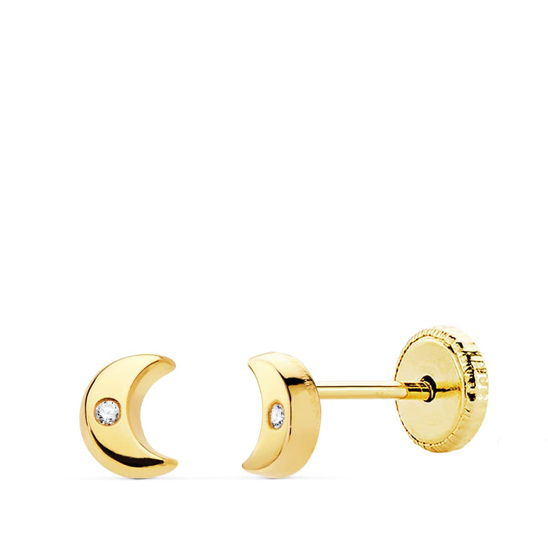 18K Yellow Gold Earrings Moon Zirconia 4.5 x 3.5 Mm Nut Closure