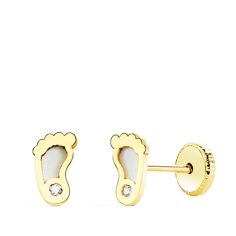 18K Yellow Gold Earrings Feet With Mother of Pearl 6X3.5 mm Screw Closure