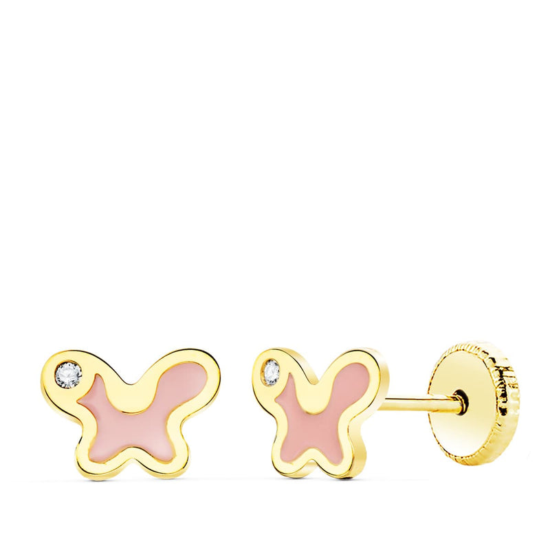 18K Yellow Gold Pink Enamel Butterfly Earrings 7X5 mm Screw Closure