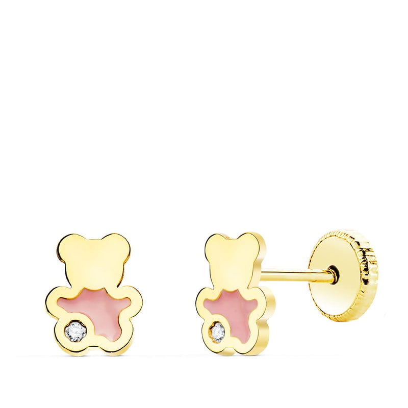 18K Yellow Gold Bear Earrings Pink Enamel 6X5 mm Screw Closure