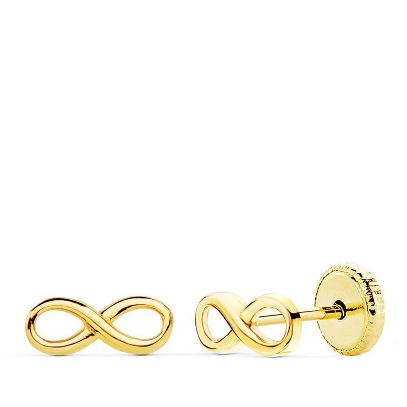 18K Yellow Gold Smooth Infinity Earrings. 8X3 mm Thread Closure
