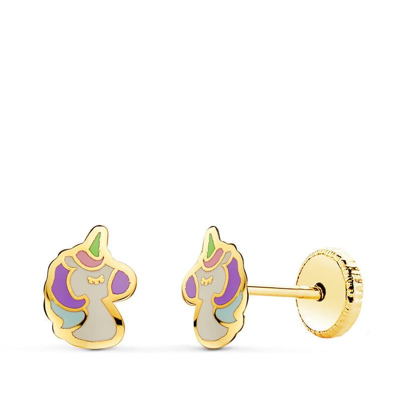 18K Yellow Gold Enamel Unicorn Earrings Screw Closure 7.5 X 5 mm