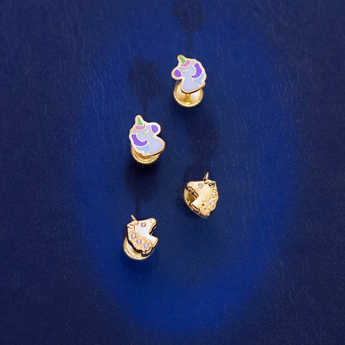 Boucles d'oreilles licorne scintillantes en or jaune 18 carats avec zircons écrou 7,5 x 6 mm