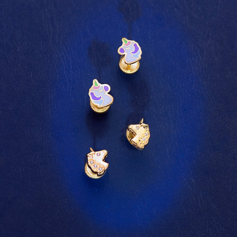 18K Yellow Gold Enamel Unicorn Earrings Screw Closure 7.5 X 5 mm