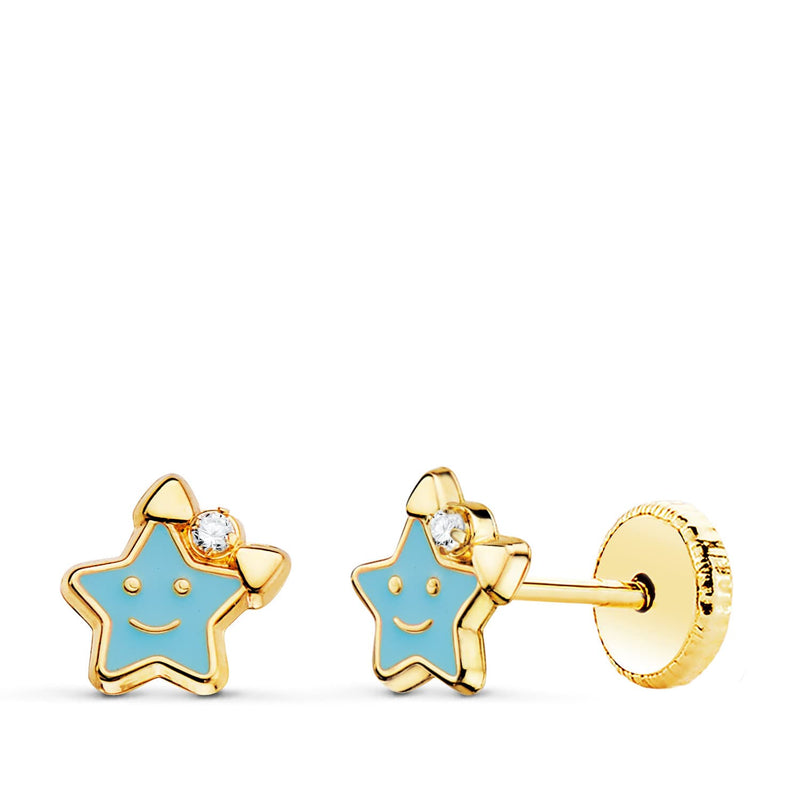 18K Yellow Gold Earrings Blue Enamel Star Nut Closure 6.5 X 6.5 mm