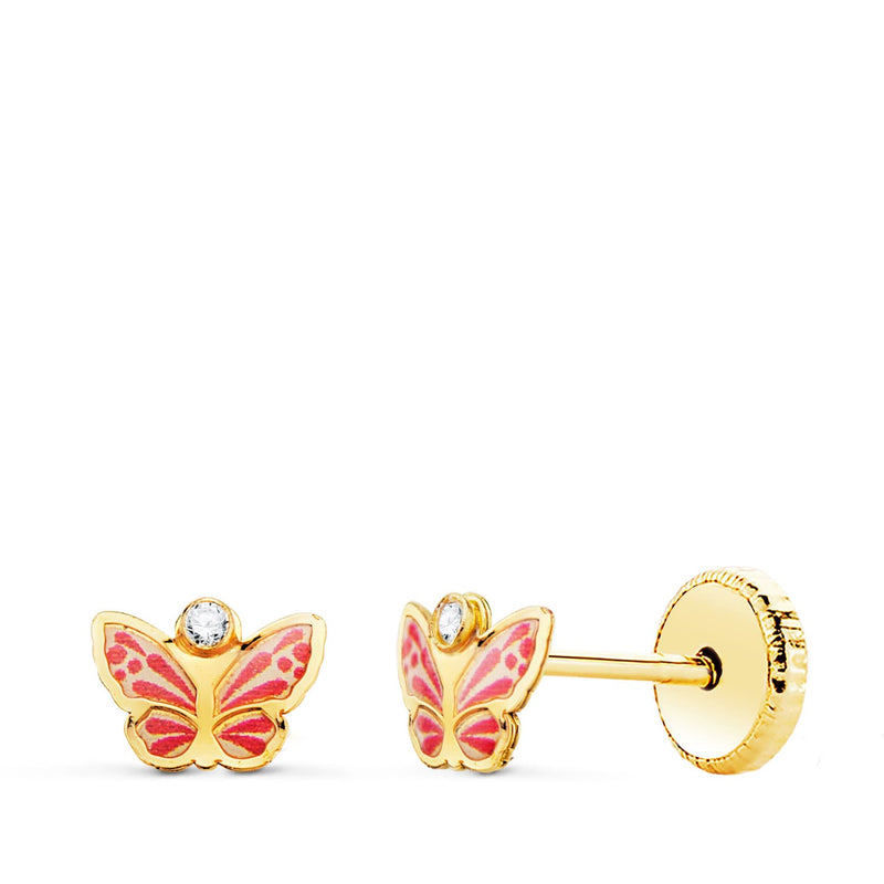 18K Yellow Gold Butterfly Enamel Zirconia Stud Earrings 6 X 4 mm