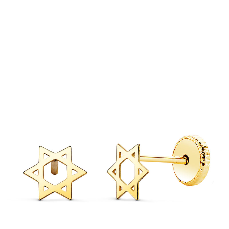 18K Yellow Gold Star of David Lisa Earrings. 6 x 5.5mm Lock Nut
