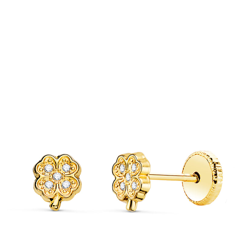 18K Yellow Gold Four-Tone Earrings With Zircons. 5.5 X 4.5mm Lock Nut