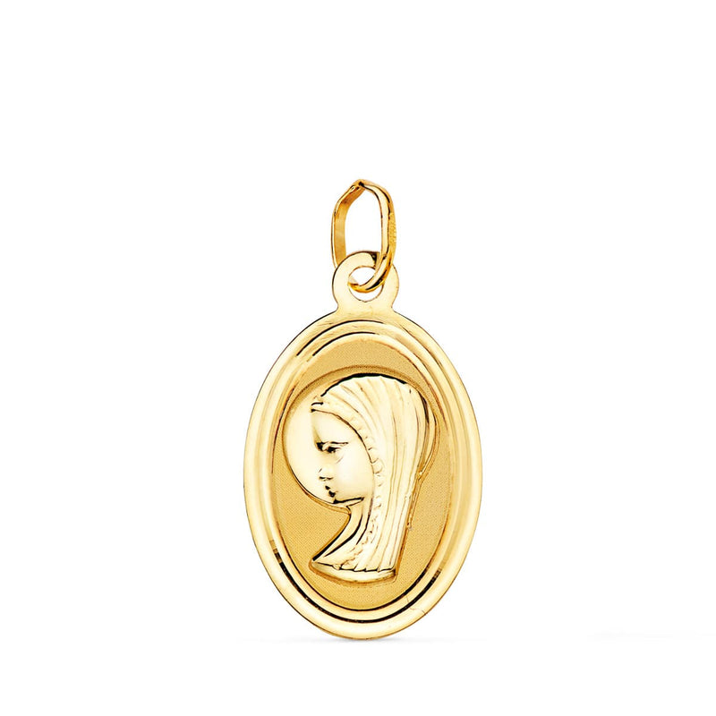 18K Yellow Gold Oval Virgin Girl Medal With Beveled Edge. 19x12mm