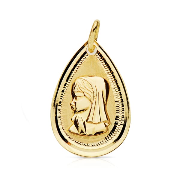 18K Medalla Virgen Niña Lagrima Bisel 20x14 mm