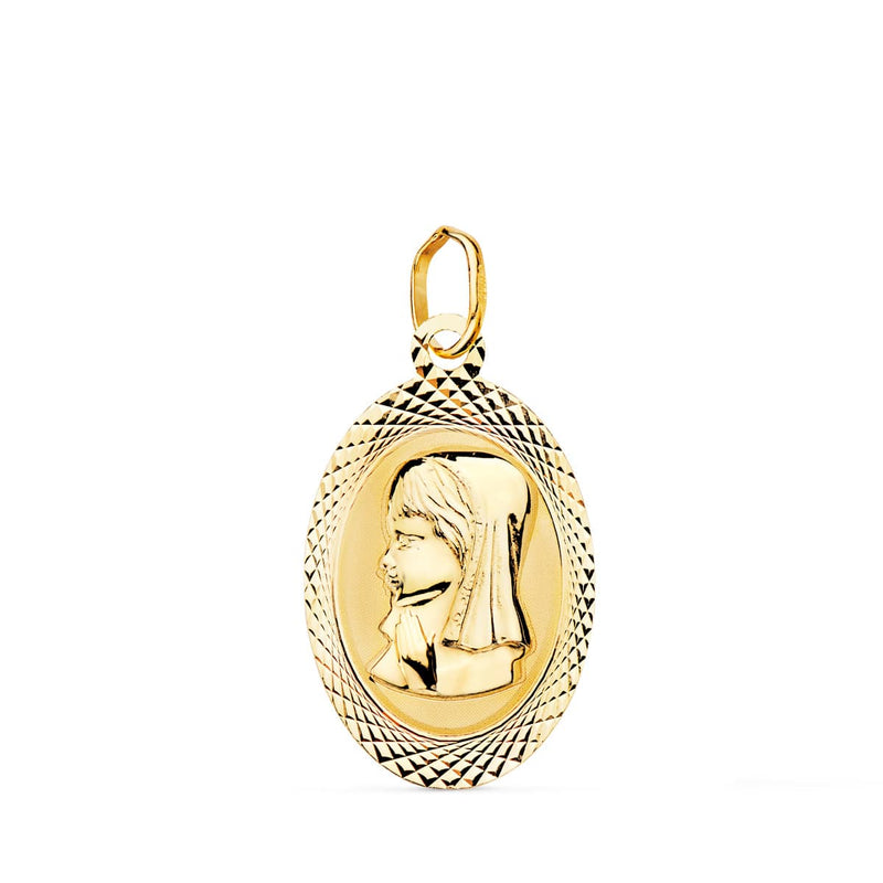 18K Oval Virgin Girl Medal Carved Glossy and Matte 18x12 mm