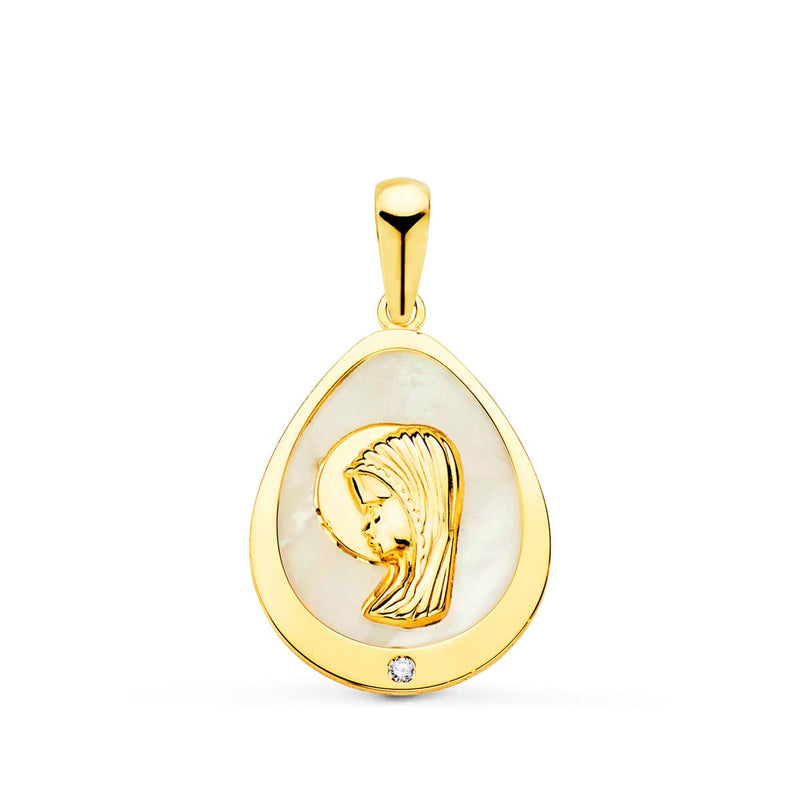 18K Virgin Girl Tear Medal with Mother of Pearl and Zirconia 15x12 mm