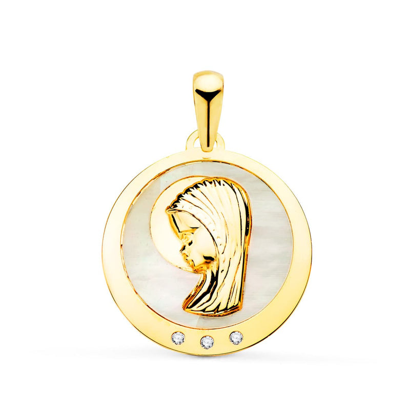 18K Virgin Girl Medal with Mother of Pearl and Zircons 19 mm