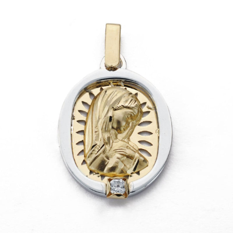 Médaille Vierge Fille 18K Or Bicolore Ajouré Avec Zircone 24x17 mm