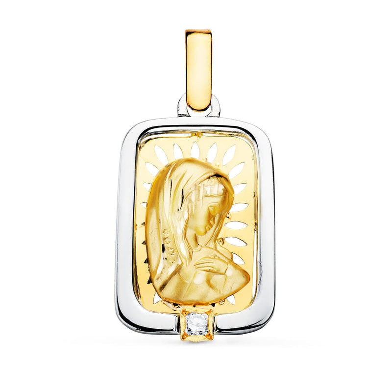18K Virgin Girl Medal Gold and Silver Zirconia 21x15 mm