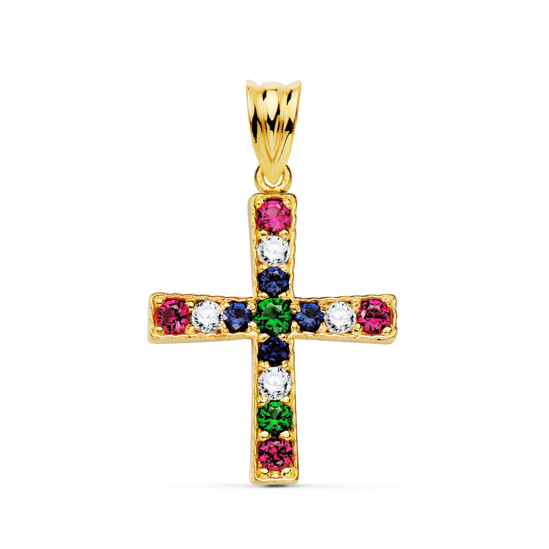 18K Yellow Gold Cross With Round Colored Zircons. 22x19mm