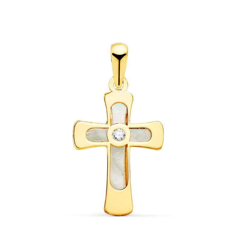 18K Yellow Gold Cross with Mother of Pearl and Zirconia 20 x 12 mm