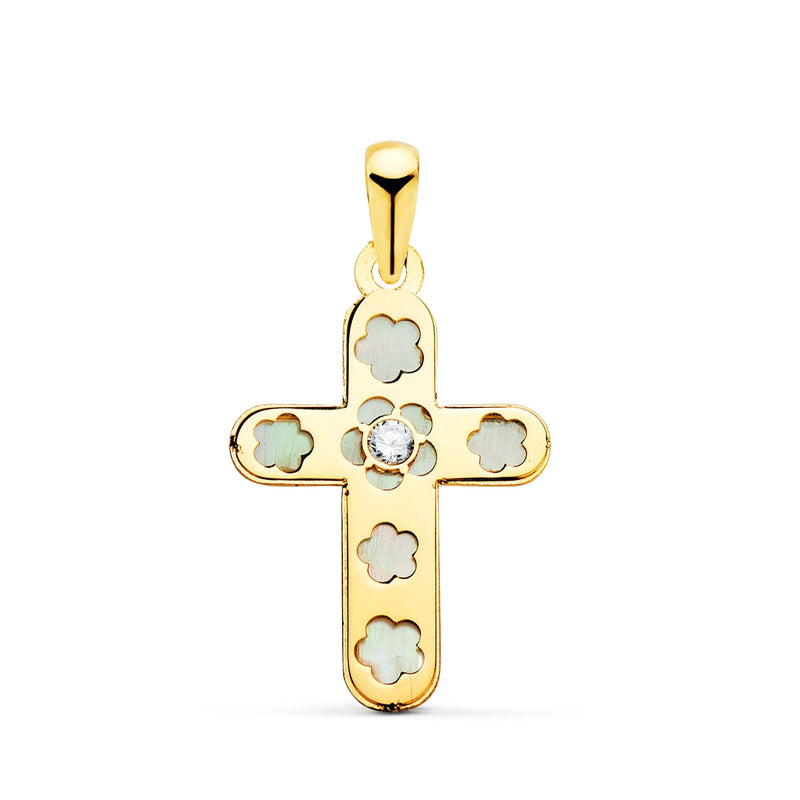 18K Yellow Gold Cross with Mother of Pearl and Zirconia 20 x 13 mm