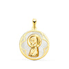 18K Yellow Gold Round Medal with White Mother of Pearl and Virgin Girl. 18mm