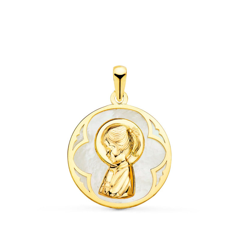 18K Yellow Gold Round Medal with White Mother of Pearl and Virgin Girl. 18mm