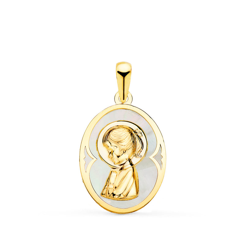 18K Yellow Gold Oval Medal with White Mother of Pearl and Virgin Girl 19x14 mm