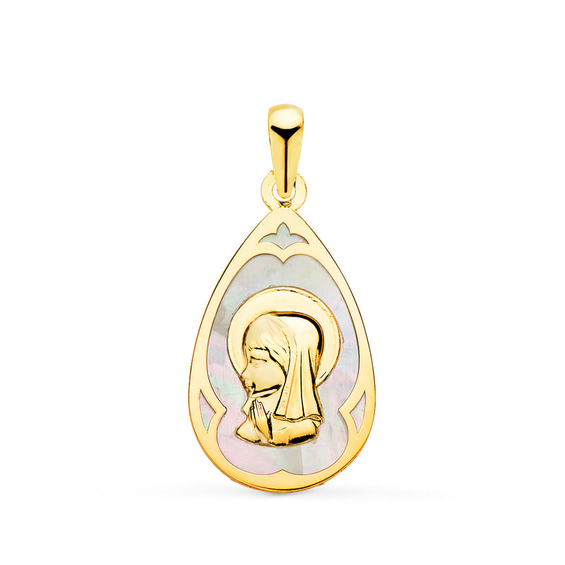 18K Yellow Gold Drop Medal with White Mother of Pearl and Virgin Girl 21 x 14 mm