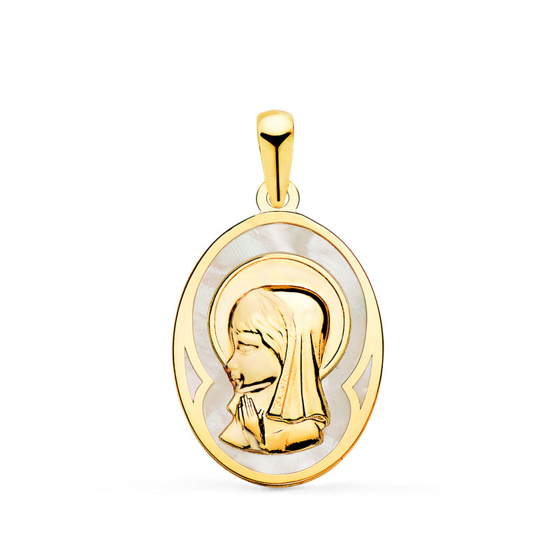 18K Yellow Gold Oval Medal with White Mother of Pearl and Virgin Girl 17x12 mm