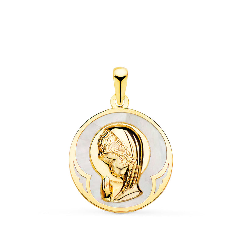 18K Yellow Gold Round Medal with White Mother of Pearl and Virgin Girl 15 mm