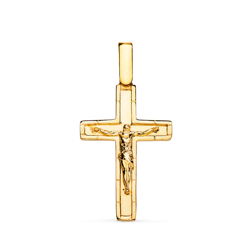 Croix en or jaune 18 carats avec Christ en éclat avec bords 26 x 17 mm
