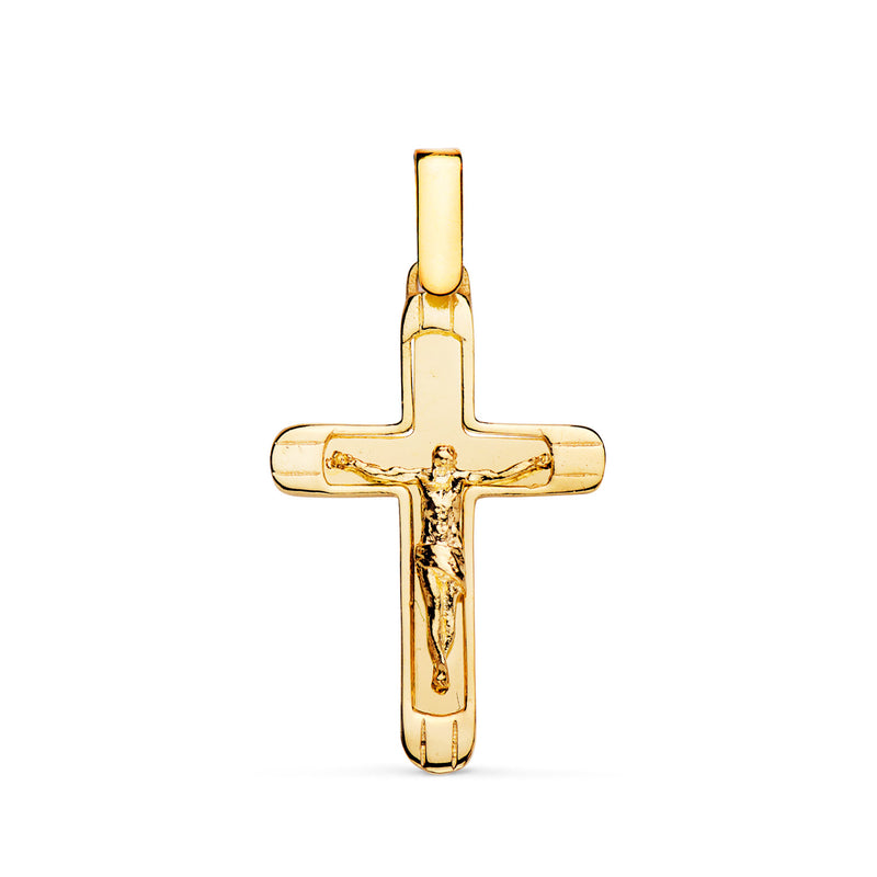 Croix en or jaune 18 carats avec Christ brillant avec bords 25 x 17 mm