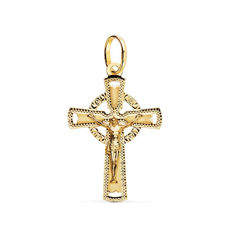 18K Cruz Oro Amarillo Con Cristo Tallada 28 x 18 mm