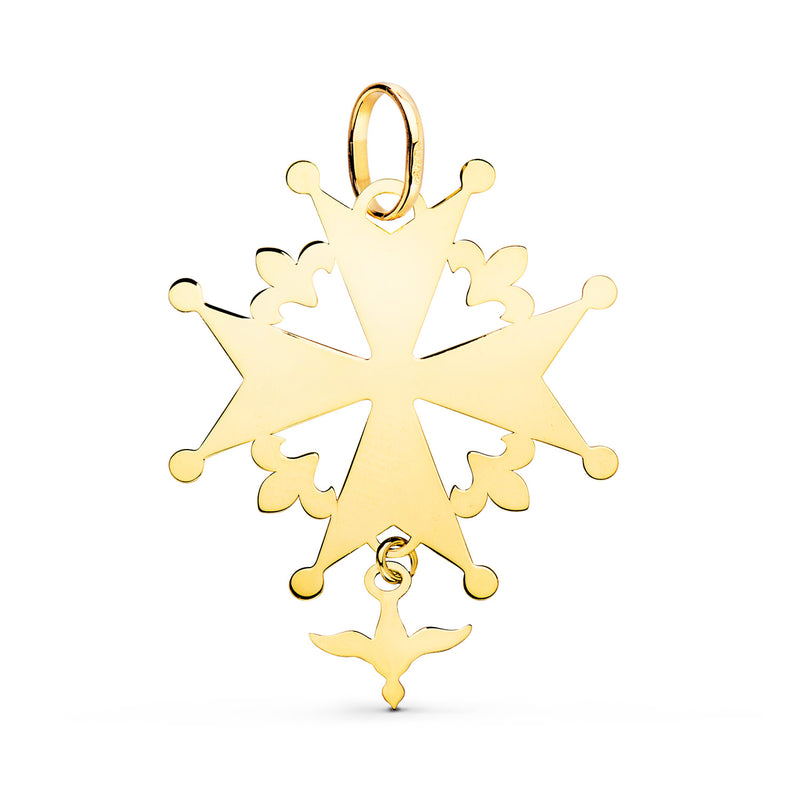 18K Yellow Gold Huguenotte Cross With Dove In Shine. 32x25mm